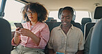 Phone, music and friends in car for road trip, travel or journey together on summer vacation. Smile, social media and headphones with young women on mobile app in vehicle for holiday transportation