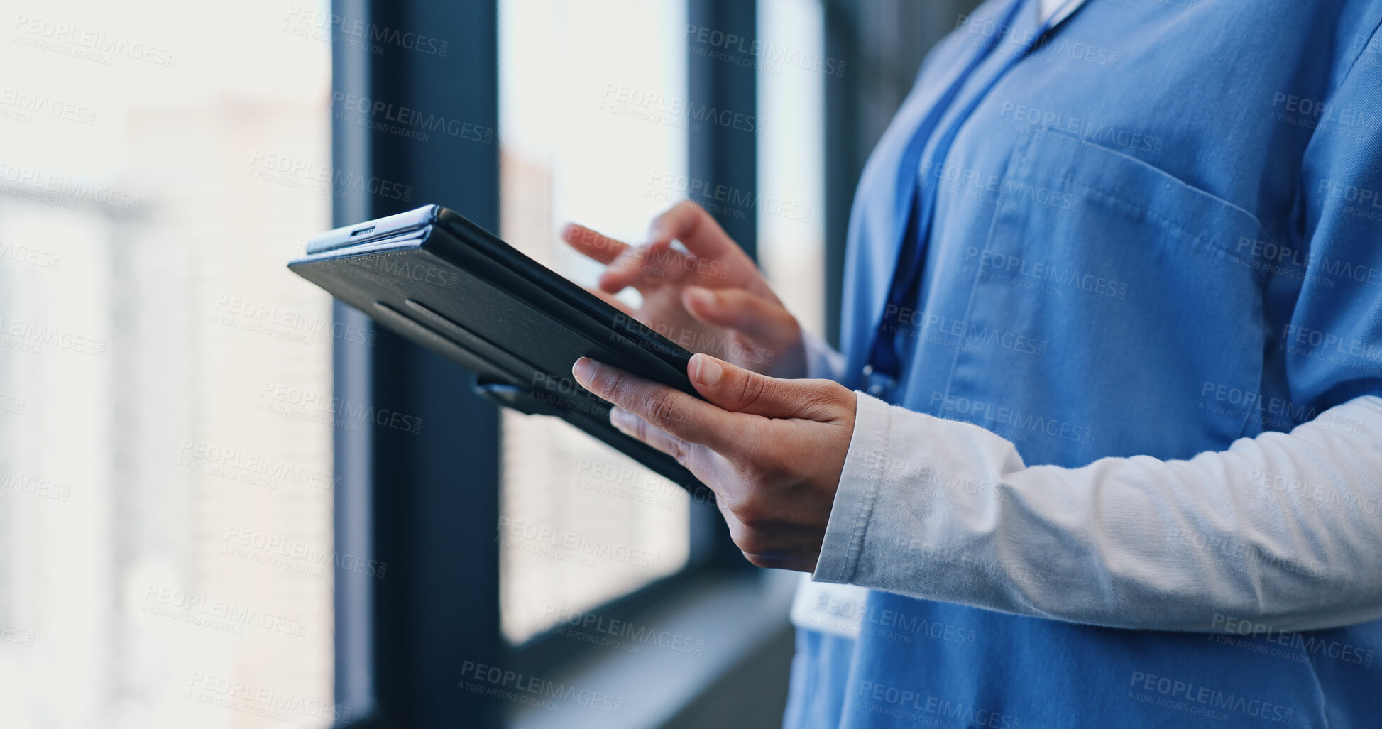 Buy stock photo Hands, tablet and nurse in hospital for online consulting, telehealth or wellness on information technology. Person, healthcare or medical study on internet, clinic research or patient data by window