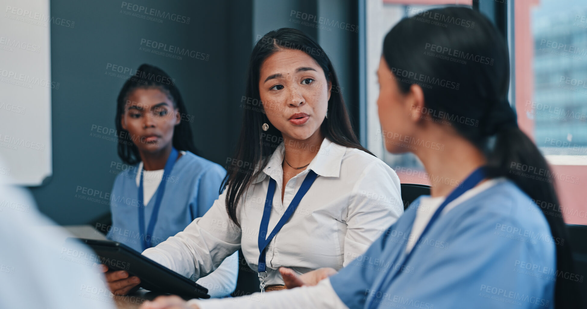 Buy stock photo Medical team, tablet and consulting in hospital with doctor, meeting and diversity at work. Healthcare, nursing and health support staff with tech for patient info or test results and communication.