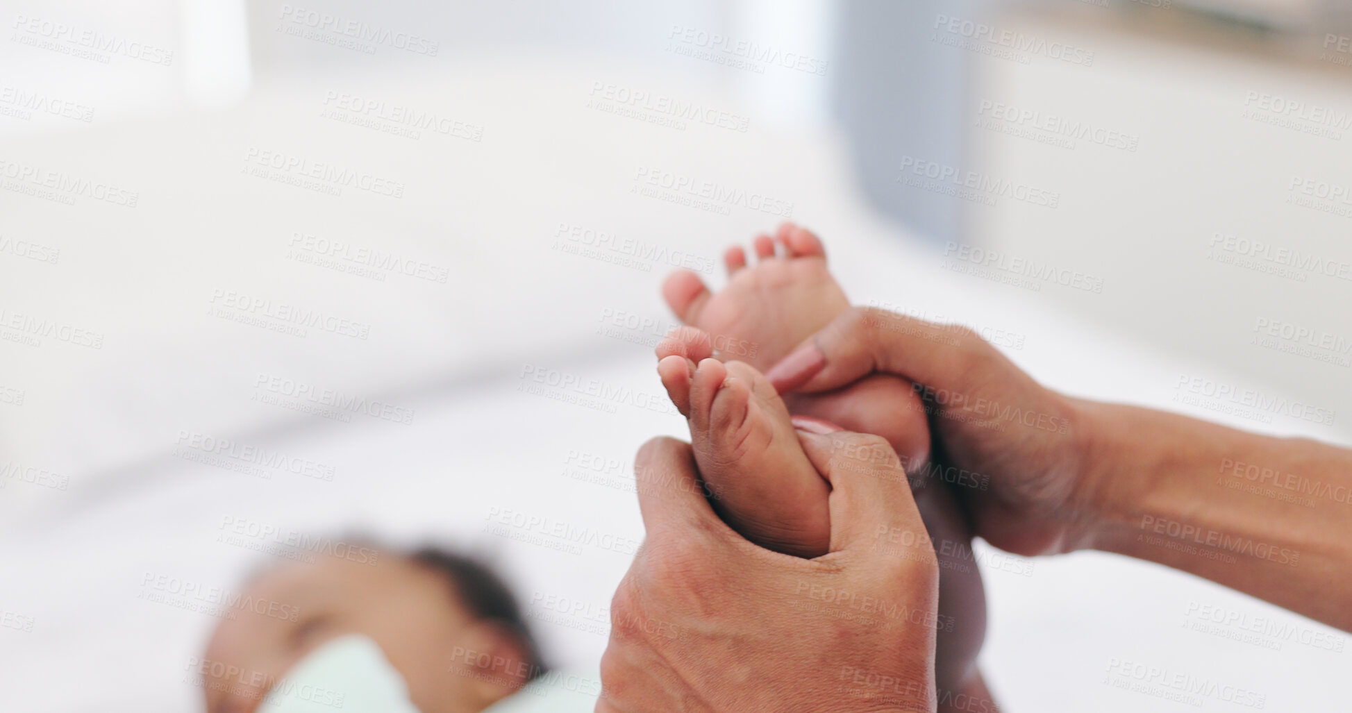 Buy stock photo Hands, feet and mother with baby on a bed with bonding, support and security in their home together. Toes, love and mom with kid in a bedroom for comfort, reflexology massage and safety with care