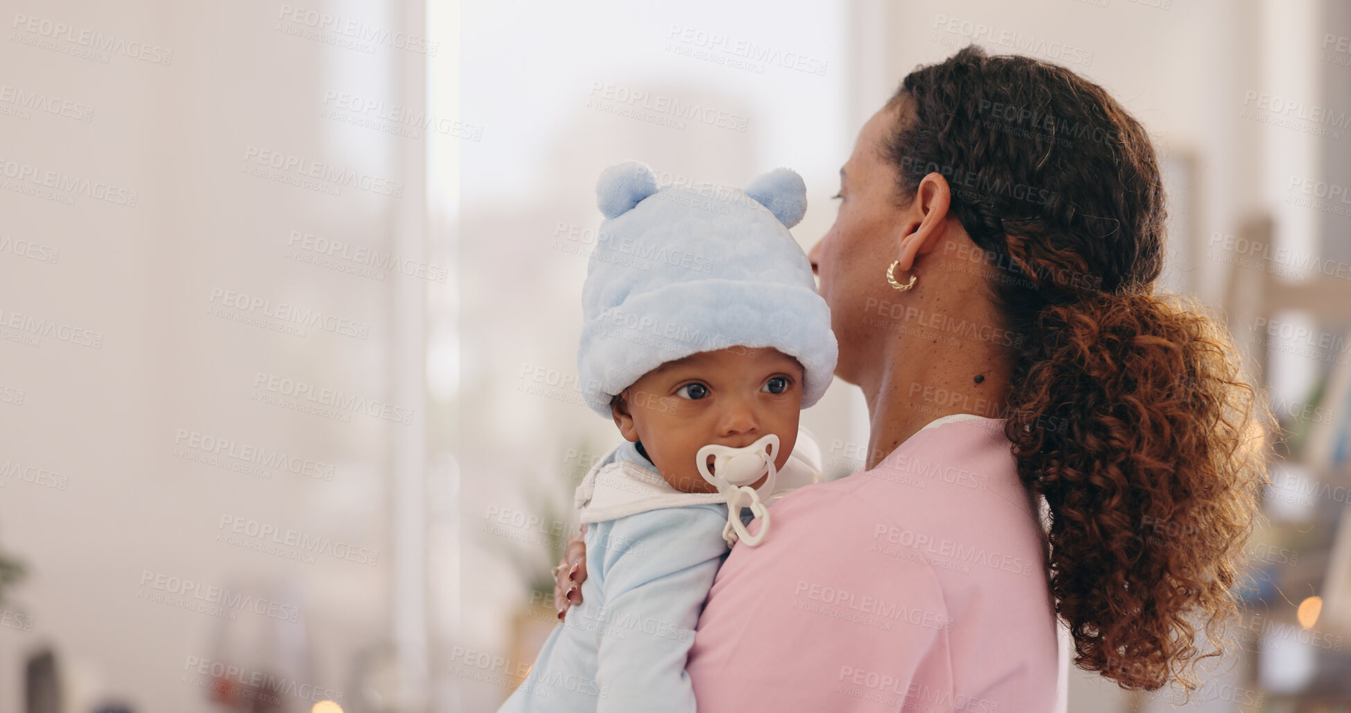 Buy stock photo Mother, love and baby in a house with comfort, security and bonding in their home together. Children, development and mama with kid in living room with support, safety or security, parenthood or care