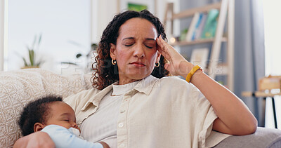 Buy stock photo Woman, baby and stress headache on sofa for child development care with fatigue, migraine or injury. Female person, kid and temple pain problem with anxiety risk for burnout, inflammation or tired