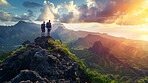 Outdoor hiking, mountain and scenic views with backpacks. Exploring nature, enjoying landscapes and walking adventure on trails. Health, exercise and freedom for active lifestyle.