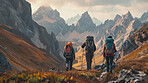 Outdoor hiking, mountain and scenic views with backpacks. Exploring nature, enjoying landscapes and walking adventure on trails. Health, exercise and freedom for active lifestyle.