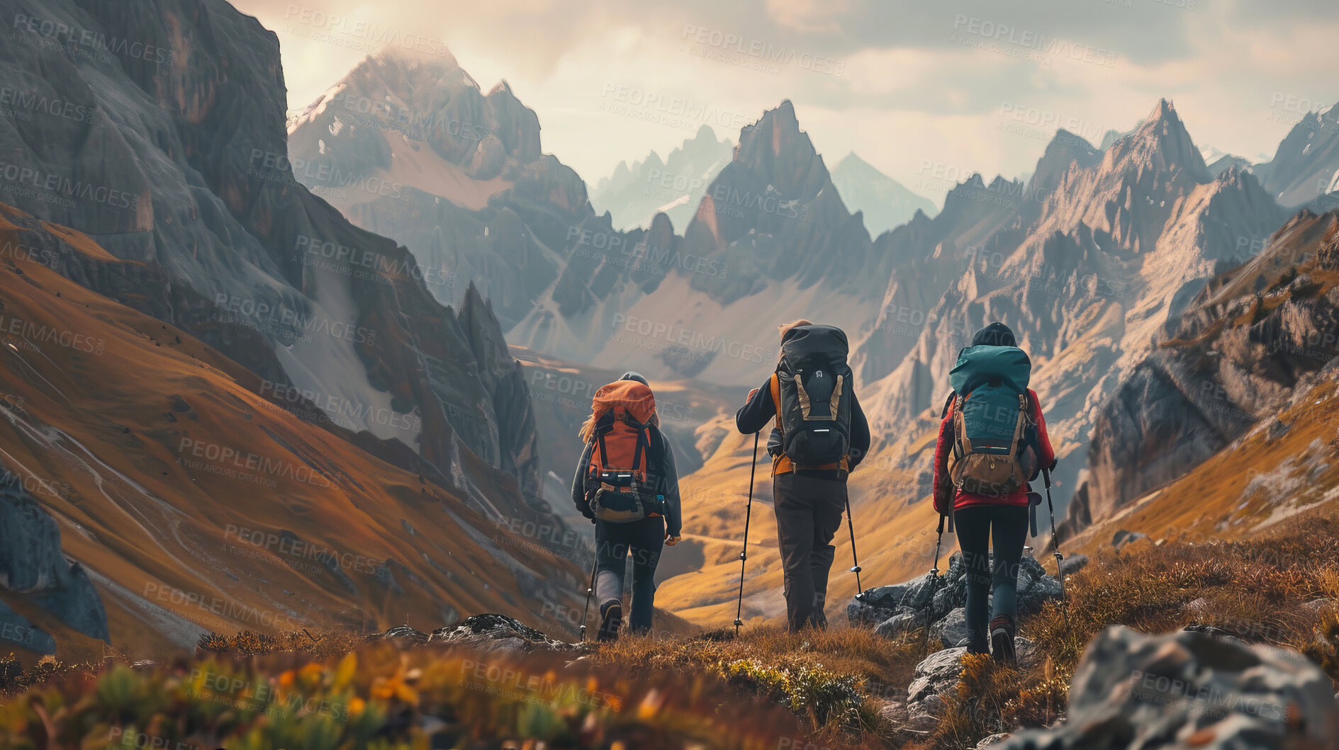 Buy stock photo Outdoor hiking, mountain and scenic views with backpacks. Exploring nature, enjoying landscapes and walking adventure on trails. Health, exercise and freedom for active lifestyle.