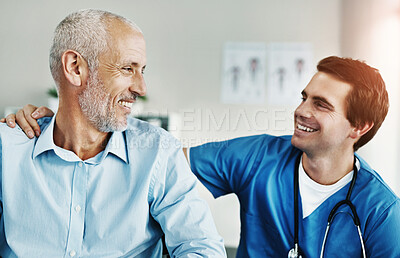 Buy stock photo Senior, man and nurse with patient in hospital, care and together for wellness consultation with medical employee. Support, healthcare and medicine help with smiling or happy people, clinic and trust