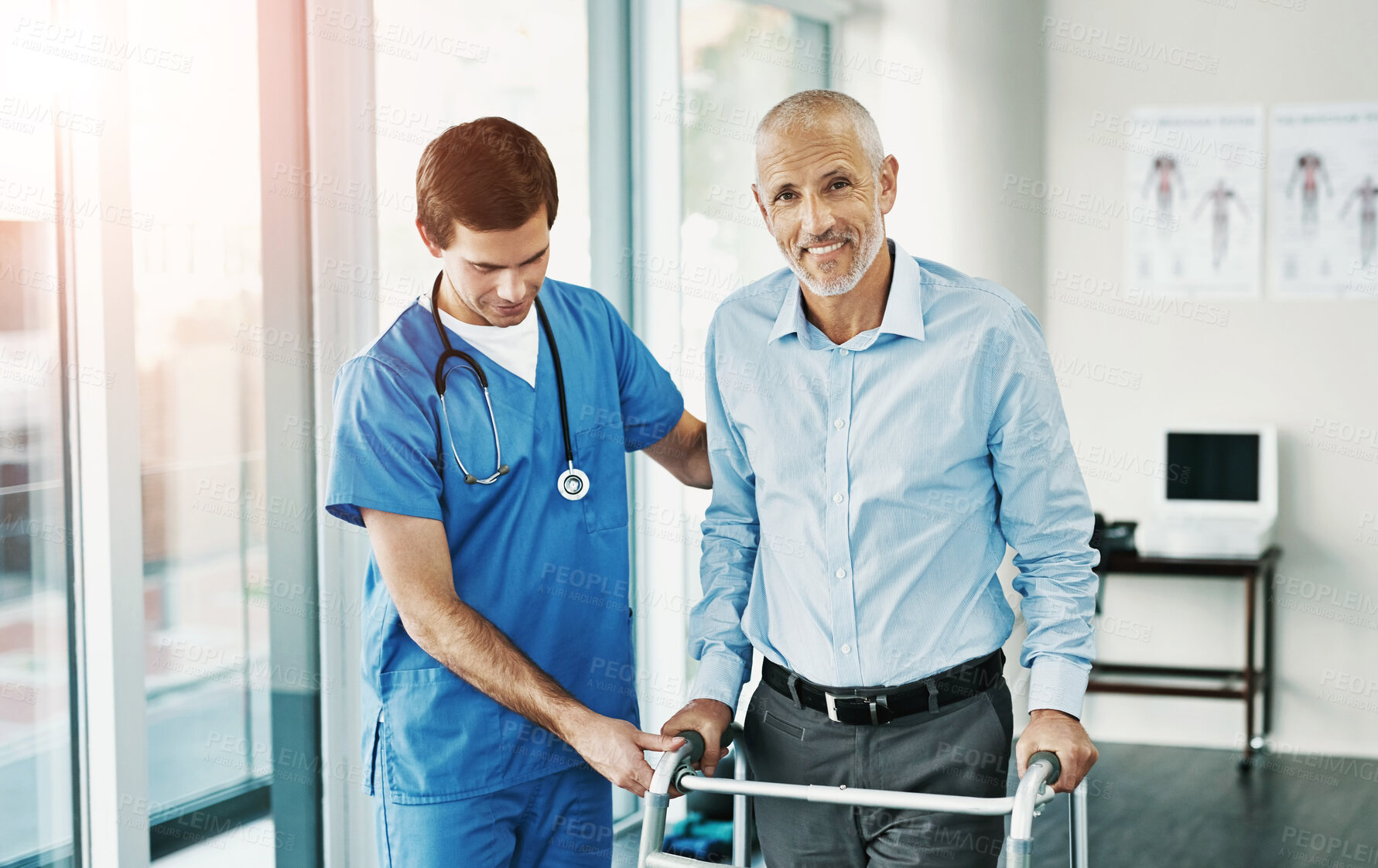 Buy stock photo Nurse, portrait and man with walker for support, patient rehabilitation and balance training for recovery process. Healthcare, caregiver and physiotherapy for mobility, walking and physical therapy.