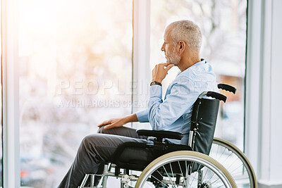 Buy stock photo Man, wheelchair and thinking by window for memories, ideas and arthritis in rehabilitation. Paralysed, healthcare and male person in in nursing home, decision and mental health for cancer patient