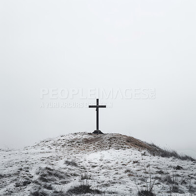 Christian cross, sky and religious symbol on snowy landscape for praying, ritual and spiritual worship. Backgrounds, believe and crucifix in nature for religion, sacrifice and christianity or faith