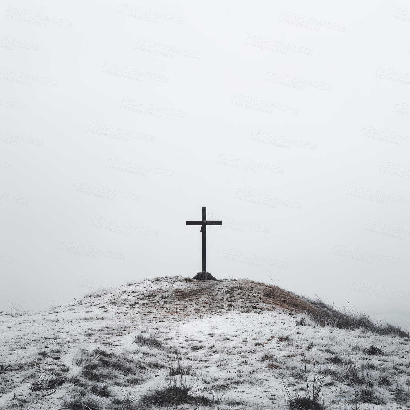 Buy stock photo Christian cross, sky and religious symbol on snowy landscape for praying, ritual and spiritual worship. Backgrounds, believe and crucifix in nature for religion, sacrifice and christianity or faith