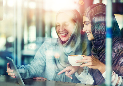 Buy stock photo Tablet, friends and muslim women with hijab in cafe for menu, decision or halal food option. Service, choice and Islamic people with coffee for hospitality, online application or customer review