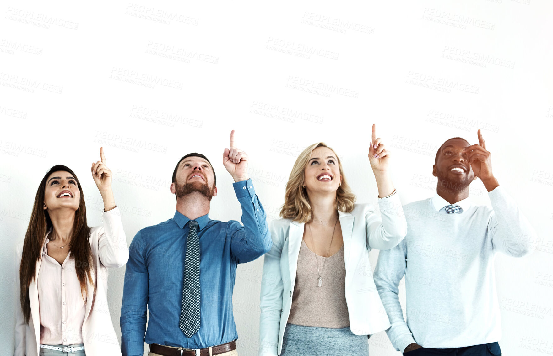 Buy stock photo Business people, diversity and group pointing up, wall and mockup space with opportunity. Employees, teamwork and coworking with hand gesture, collaboration and decision with choice and suggestion