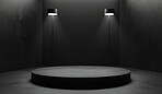 Podium, black studio or stage design template for your product placement, advertising or marketing backdrop. Empty, modern and beautiful platform for business branding, background or showroom mockup