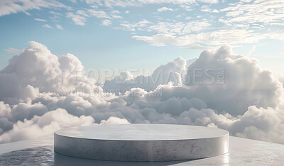Podium, cloud sky or stage design template for your product placement, advertising or marketing backdrop. Empty, modern and beautiful platform for business branding, background or showroom mockup