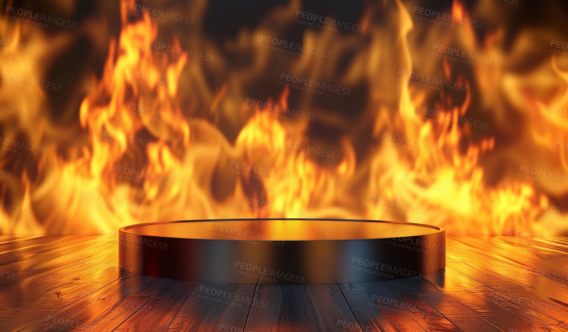 Buy stock photo Podium, flames or stage design template for your food product placement, advertising or marketing backdrop. Empty, modern and beautiful platform for business branding, background or showroom mockup