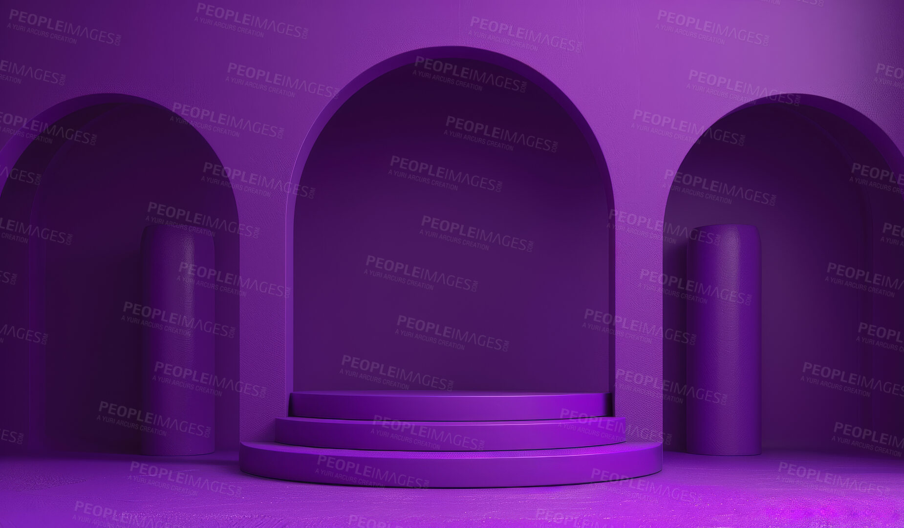 Buy stock photo Podium, purple or stage design template for your product placement, advertising or marketing backdrop. Empty, modern and beautiful platform for business branding, background or showroom mockup