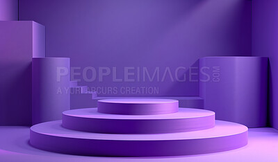 Podium, purple or stage design template for your product placement, advertising or marketing backdrop. Empty, modern and beautiful platform for business branding, background or showroom mockup