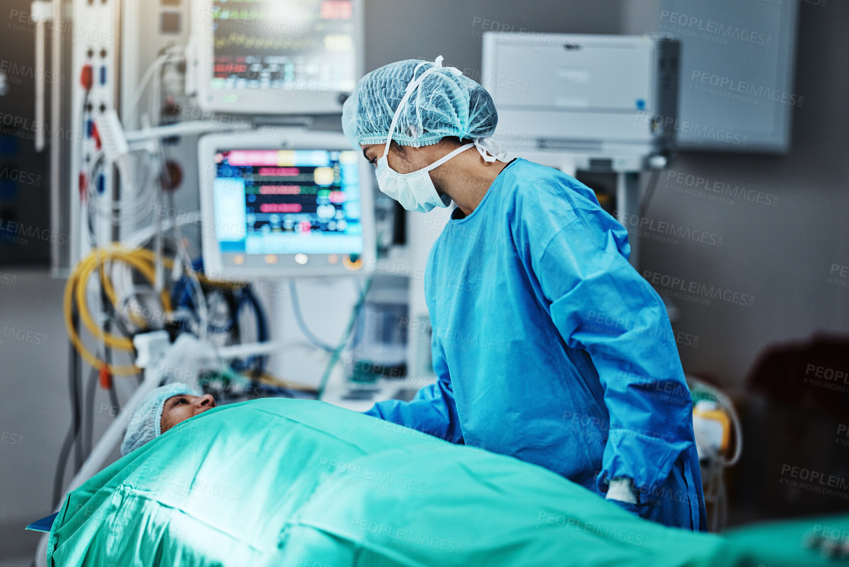 Buy stock photo Talking, surgeon and patient in emergency surgery, professional care and hospital bed for support. Speaking, help and doctor with person in operation or mask to check healthcare in medical results