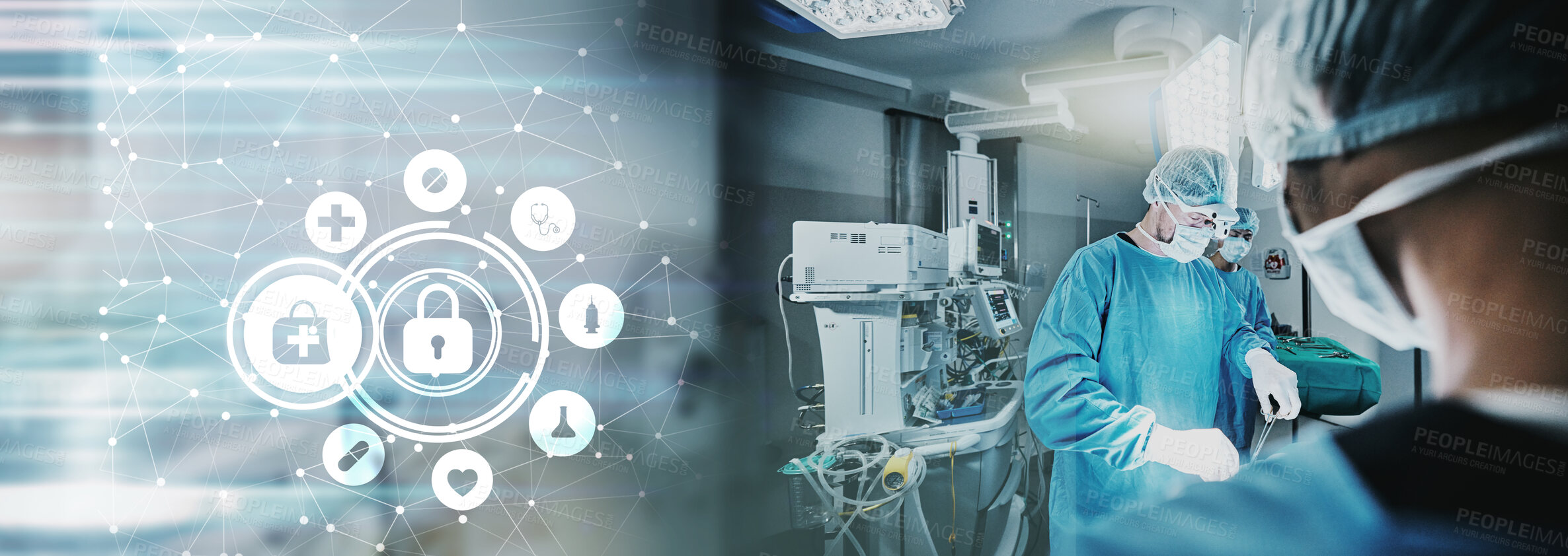 Buy stock photo Overlay, hospital and medical insurance for surgery with people in emergency room for futuristic service. Holographic display, icon and sign for policy, wellness and digital transformation in clinic