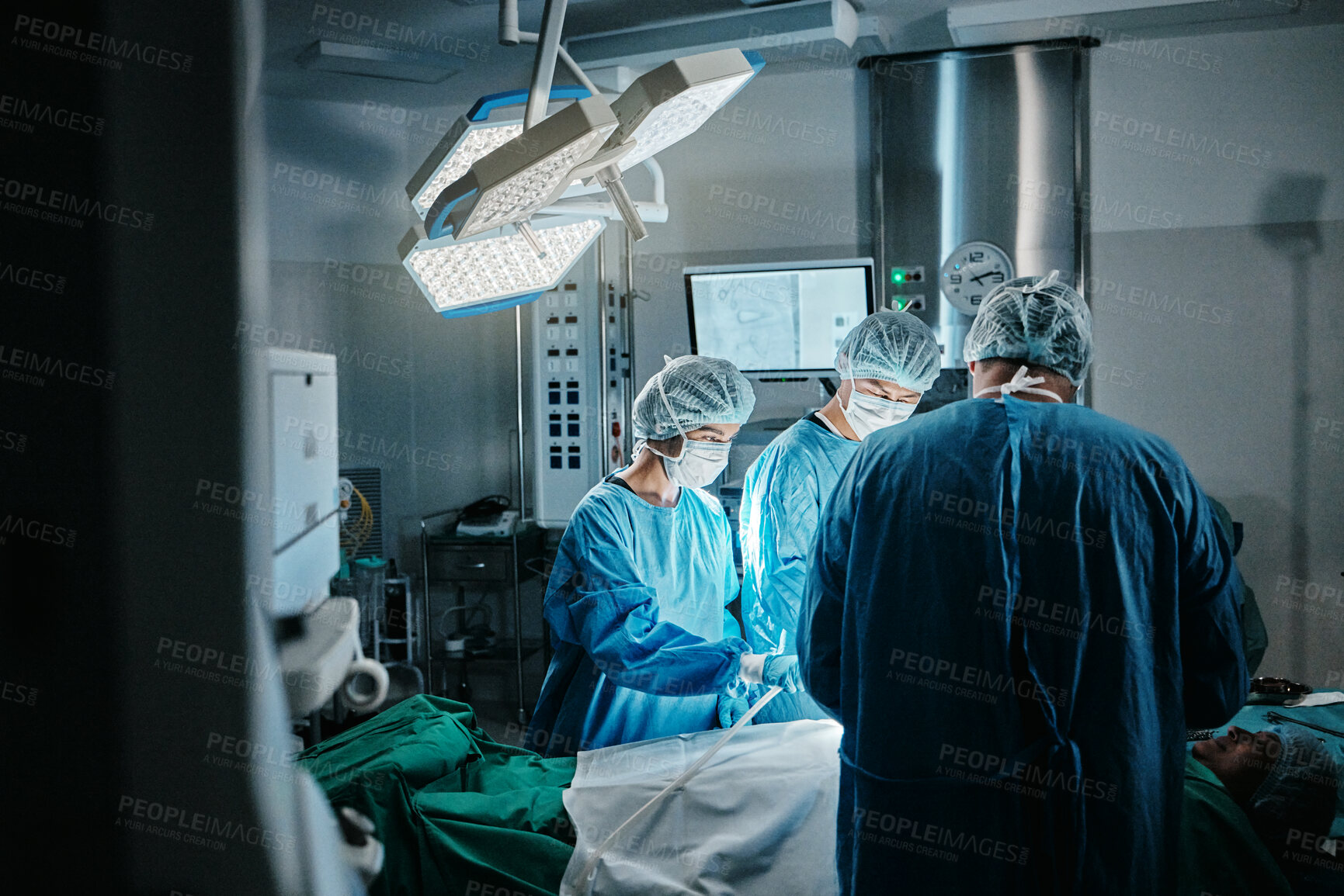 Buy stock photo Surgery, icu or surgeons with teamwork for emergency, accident or healthcare in hospital clinic. Light, medical operation or doctors in surgical collaboration in operating room to support or help