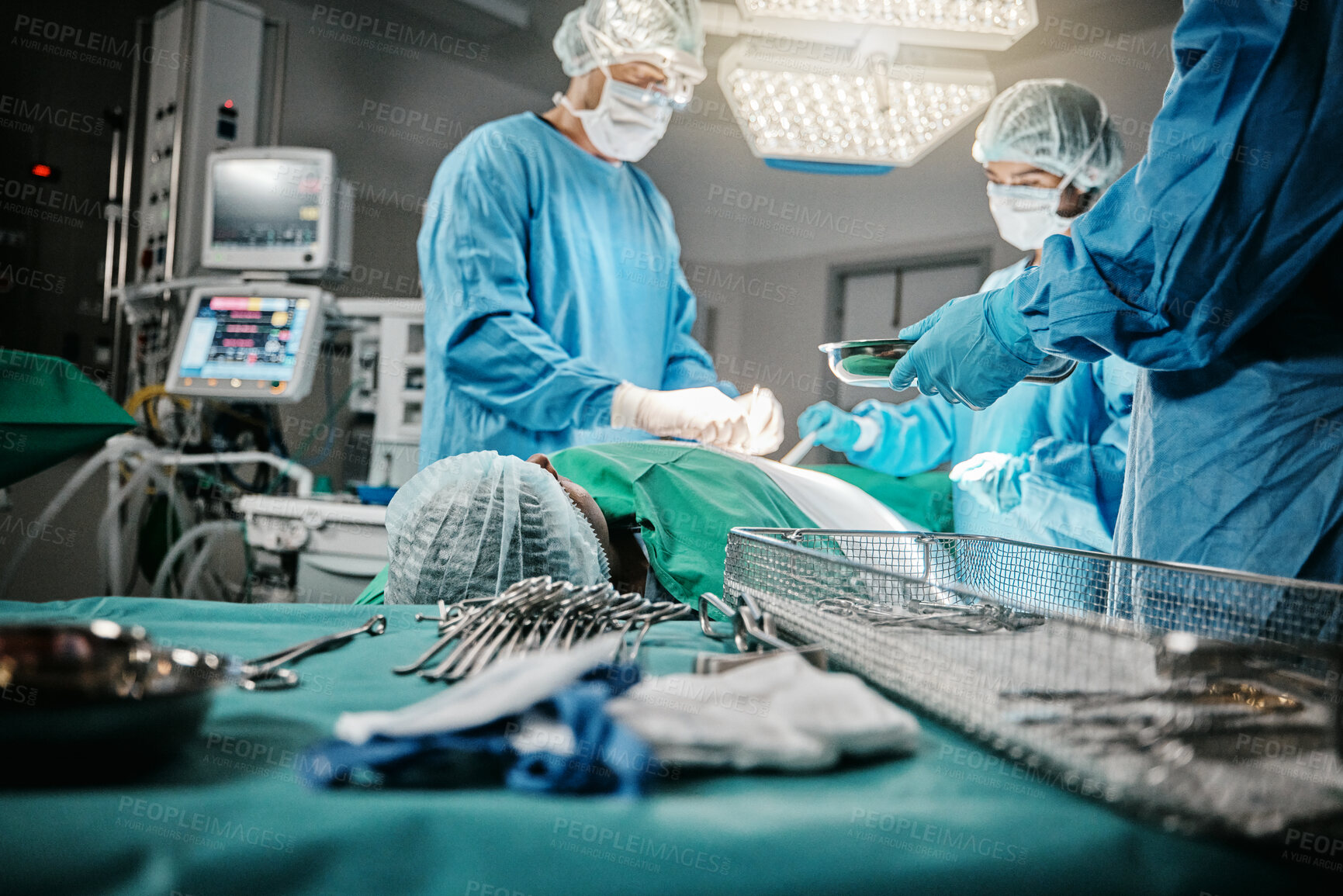 Buy stock photo Surgery, doctor and nurse in hospital, theater and emergency room busy with operation in medical career. Employees, professional and healthcare with staff for transplant, medicine and health