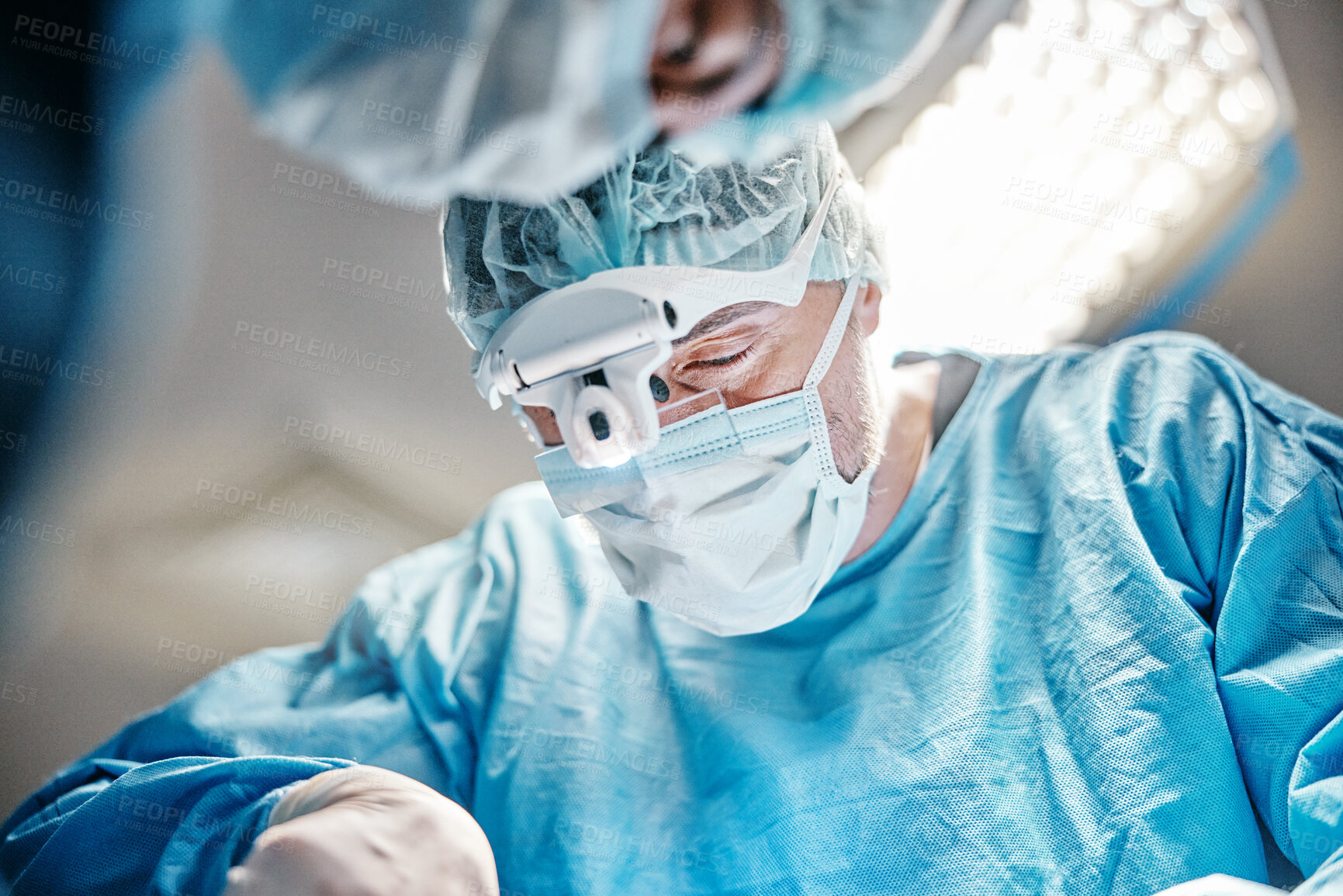 Buy stock photo Surgery, face or surgeons with teamwork for emergency, accident or healthcare help in hospital clinic. Theatre procedure, medical icu or doctors in surgical collaboration in operating room to support