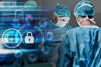 Overlay, hospital and healthcare insurance with surgeon team for medical service, icons or future at job. Holographic display, symbol and sign for policy, people or digital transformation in clinic