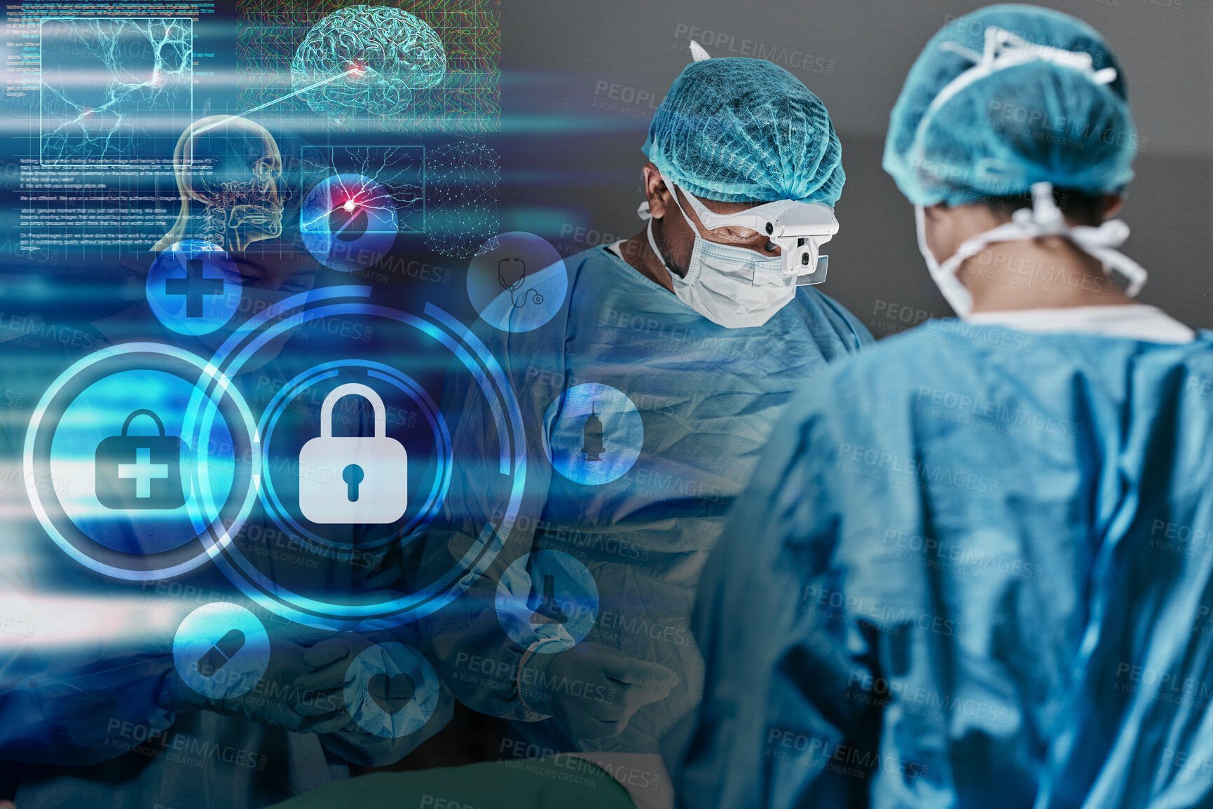Buy stock photo Overlay, hospital and healthcare insurance with surgeon team for medical service, icons or future at job. Holographic display, symbol and sign for policy, people or digital transformation in clinic
