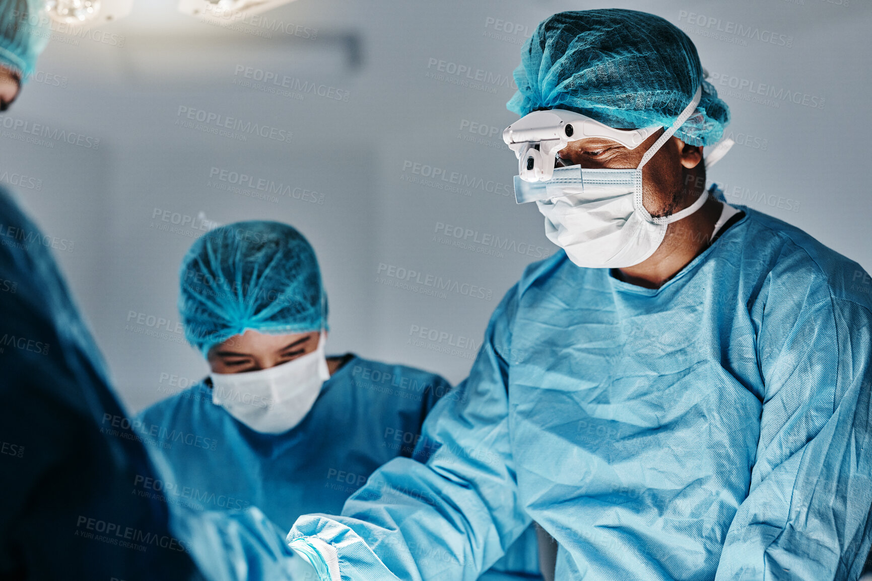 Buy stock photo Medical, surgery and doctors in operating room, theatre or icu for anatomy, risk or emergency. Healthcare, support and surgeon team consulting at hospital for process, planning or medic collaboration