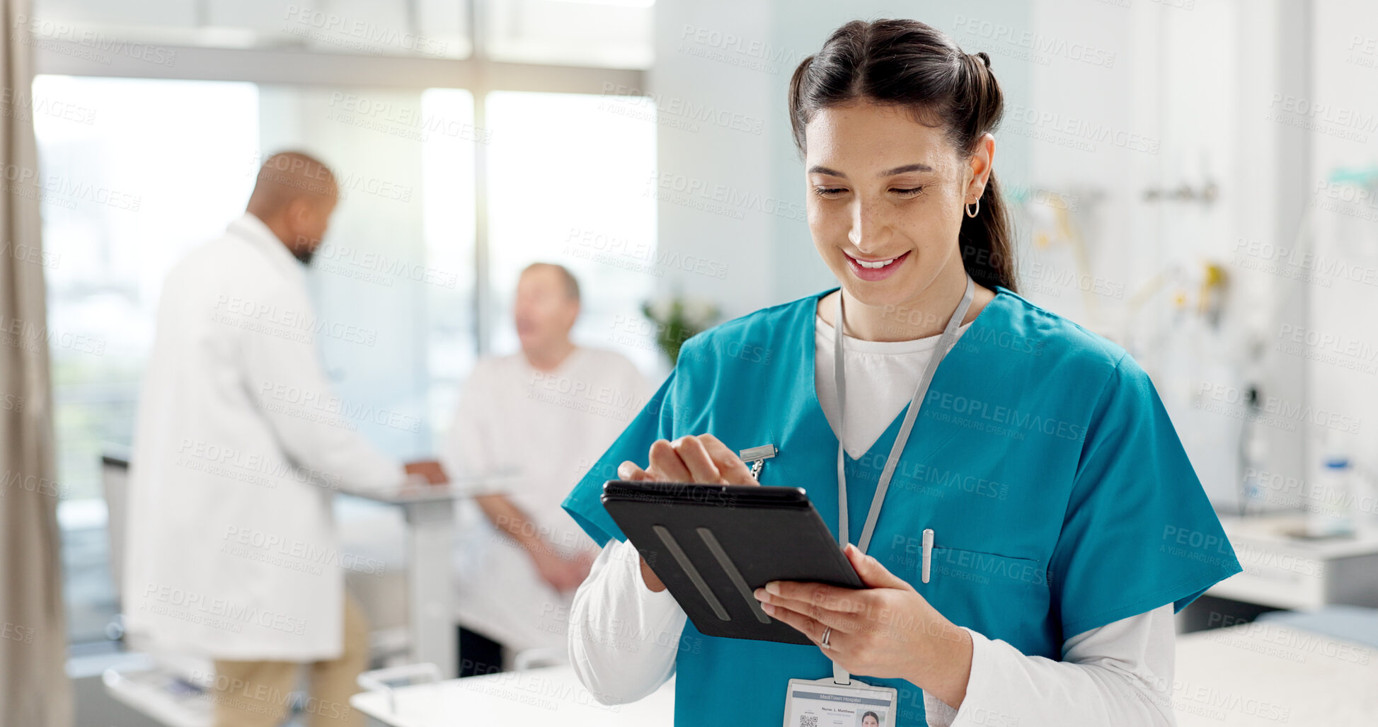 Buy stock photo Hospital, smile and woman with a tablet, doctor and typing with connection, search internet and employee. Person, nurse and medical professional with technology, clinic and research with website info