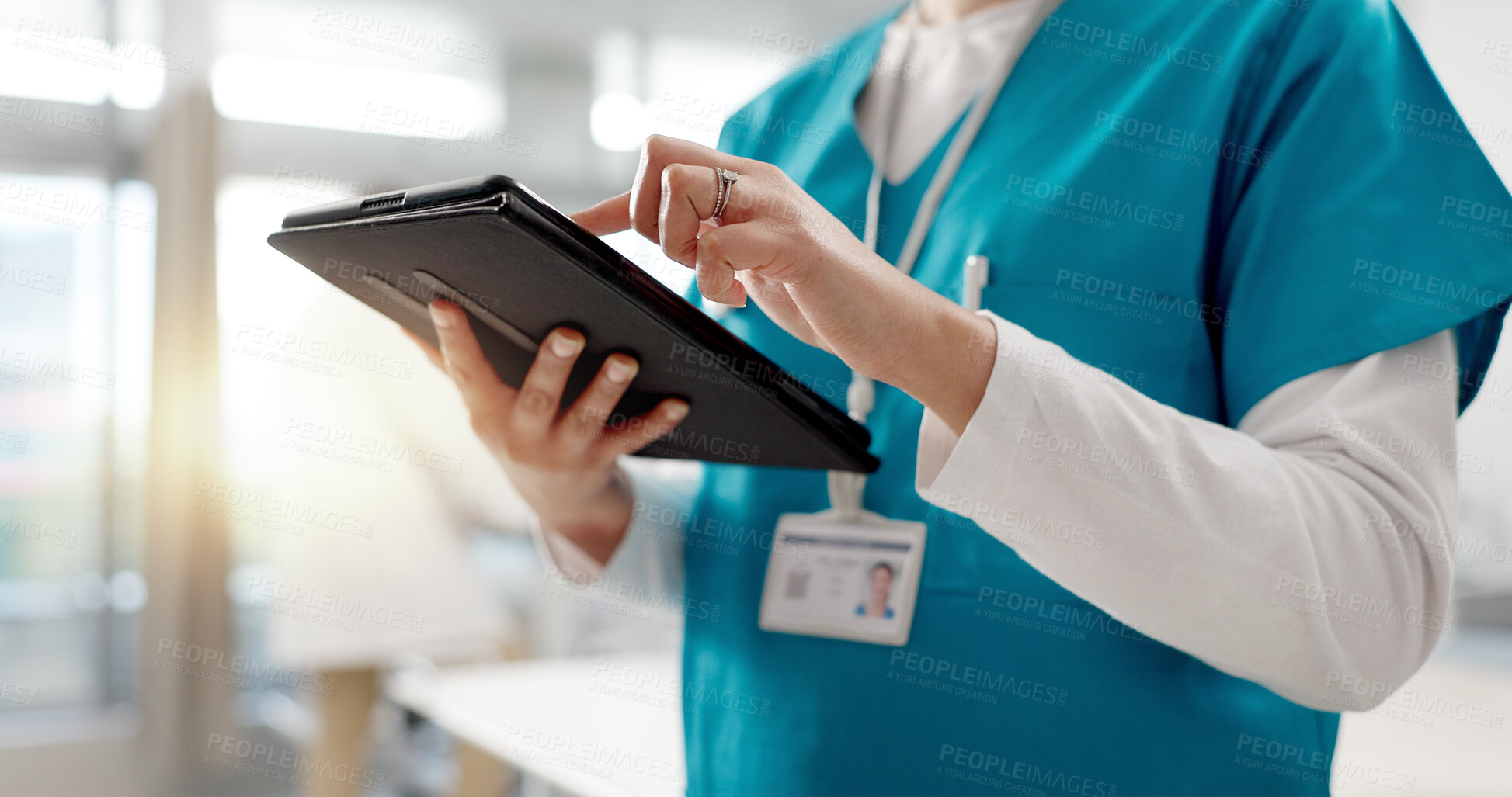 Buy stock photo Closeup, doctor and woman with a tablet, typing and connection with internet, hospital and research. Hands, person and medical professional with technology, healthcare and online results with email