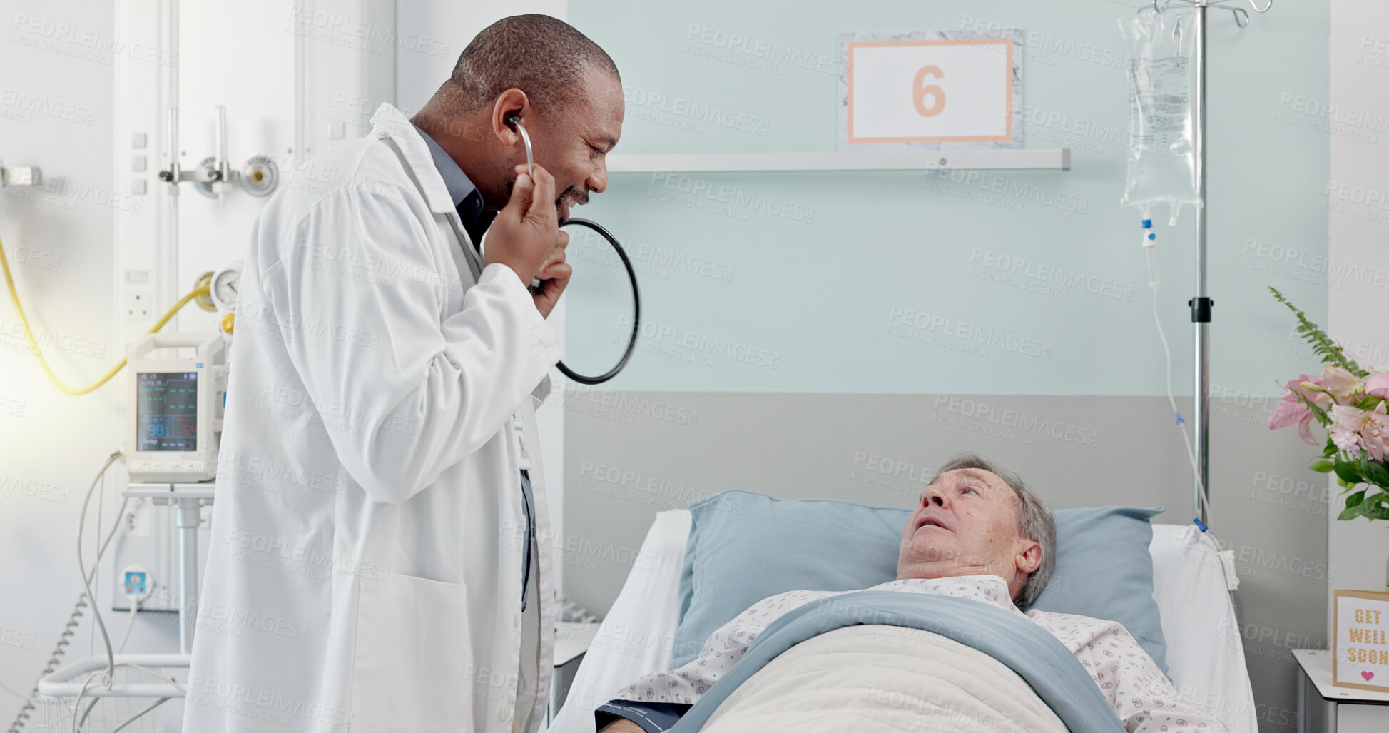 Buy stock photo Stethoscope, healthcare and doctor with patient in hospital after surgery, treatment or procedure. Discussion, checkup and African male medical worker talk to senior man in clinic bed for diagnosis.