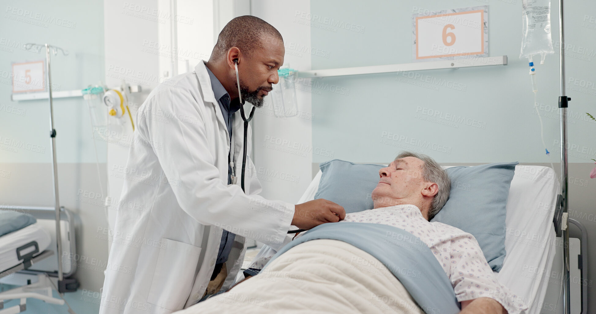 Buy stock photo Consultation, healthcare and doctor with senior man in hospital after surgery, treatment or procedure. Discussion, checkup and African male medical worker talk to patient in clinic bed for diagnosis.
