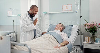 Consultation, healthcare and doctor with senior man in hospital after surgery, treatment or procedure. Discussion, checkup and African male medical worker talk to patient in clinic bed for diagnosis.