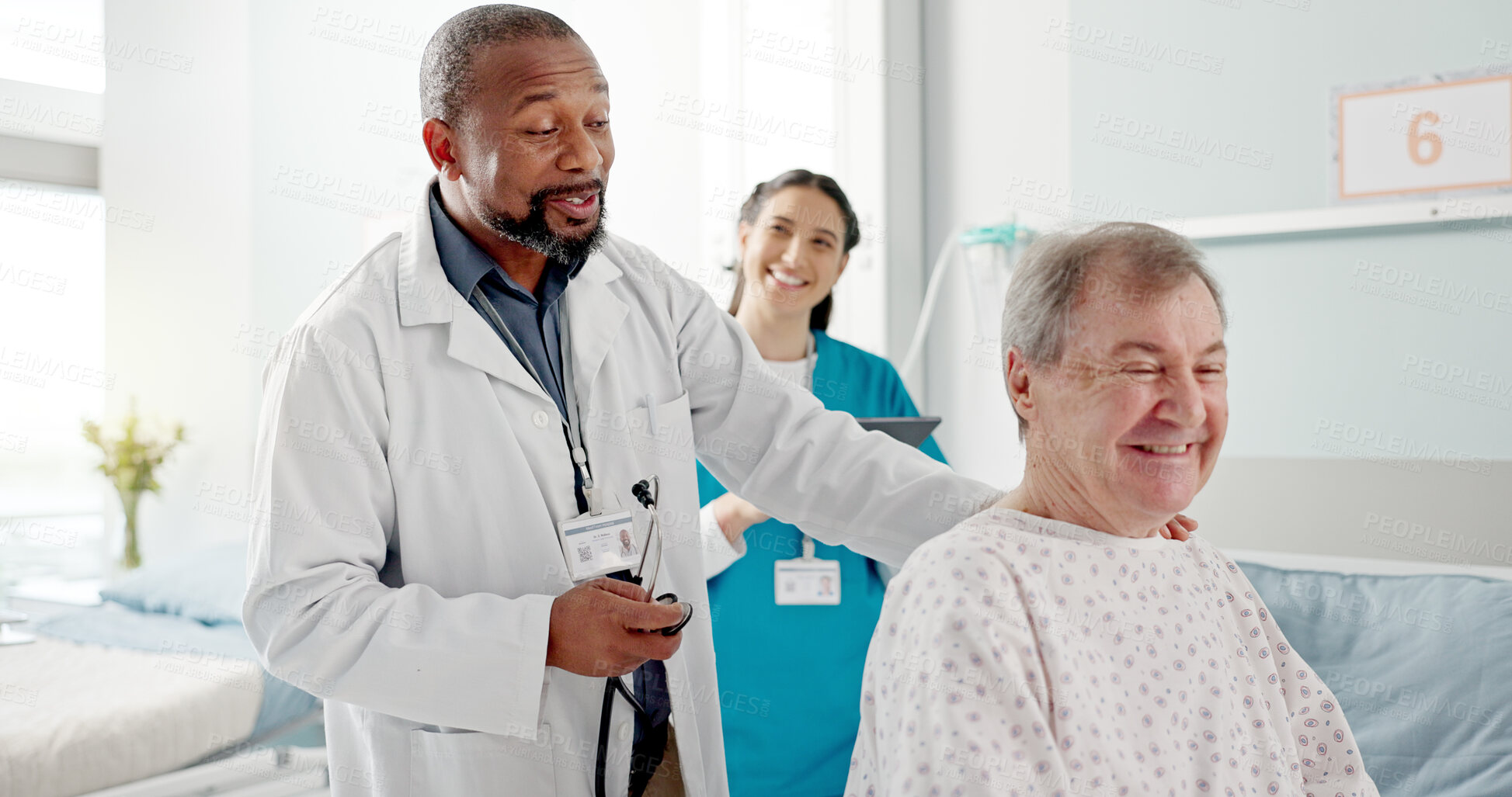 Buy stock photo Senior patient, doctor and hospital with breathing check and stethoscope for heart exam in a clinic. Elderly care, wellness and medical help of African male professional with healthcare and listening