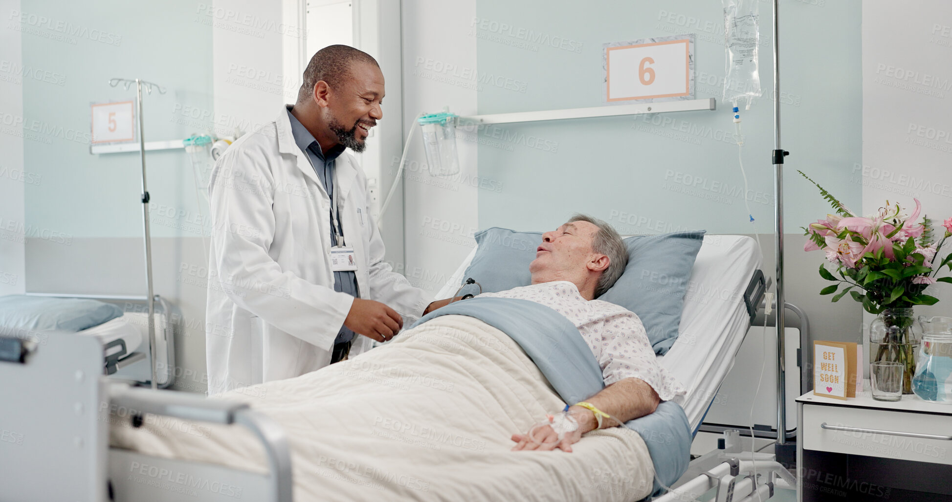 Buy stock photo Consultation, healthcare and doctor with senior man in hospital after surgery, treatment or procedure. Discussion, checkup and African male medical worker talk to patient in clinic bed for diagnosis.