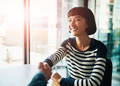 Buy stock photo Handshake, deal and business woman in office for b2b partnership, agreement or recruitment. Smile, meeting and Asian female hr manager shaking hands with hiring candidate for job interview greeting.