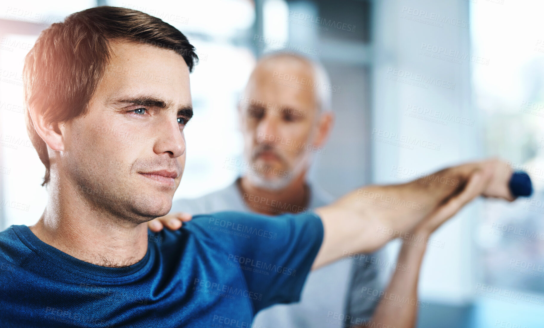 Buy stock photo Physiotherapy, man and arm with stretching in clinic for rehabilitation, treatment and support. Orthopedic, service and people with exercise in office for injury, assessment or consulting on progress