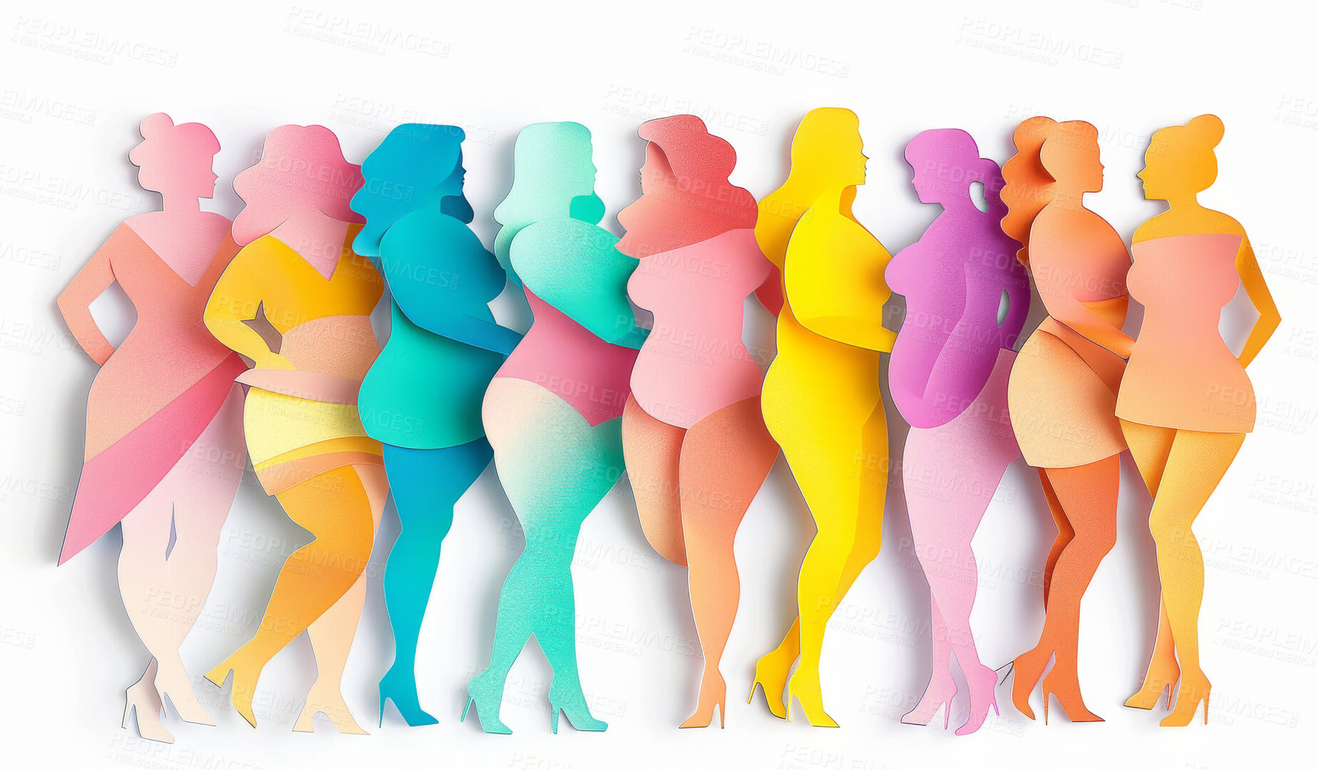 Buy stock photo Women, silhouette and creative design in the style of paper for feminism, diversity or body positive poster with copyspace. Rainbow, layers and craft template for background, banner or Women's rights