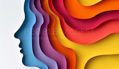 Abstract, face shape or creative design in the style of paper for backdrop, wallpaper or graphic poster advertising with copyspace. Rainbow, layers and craft template for background, banner or mockup
