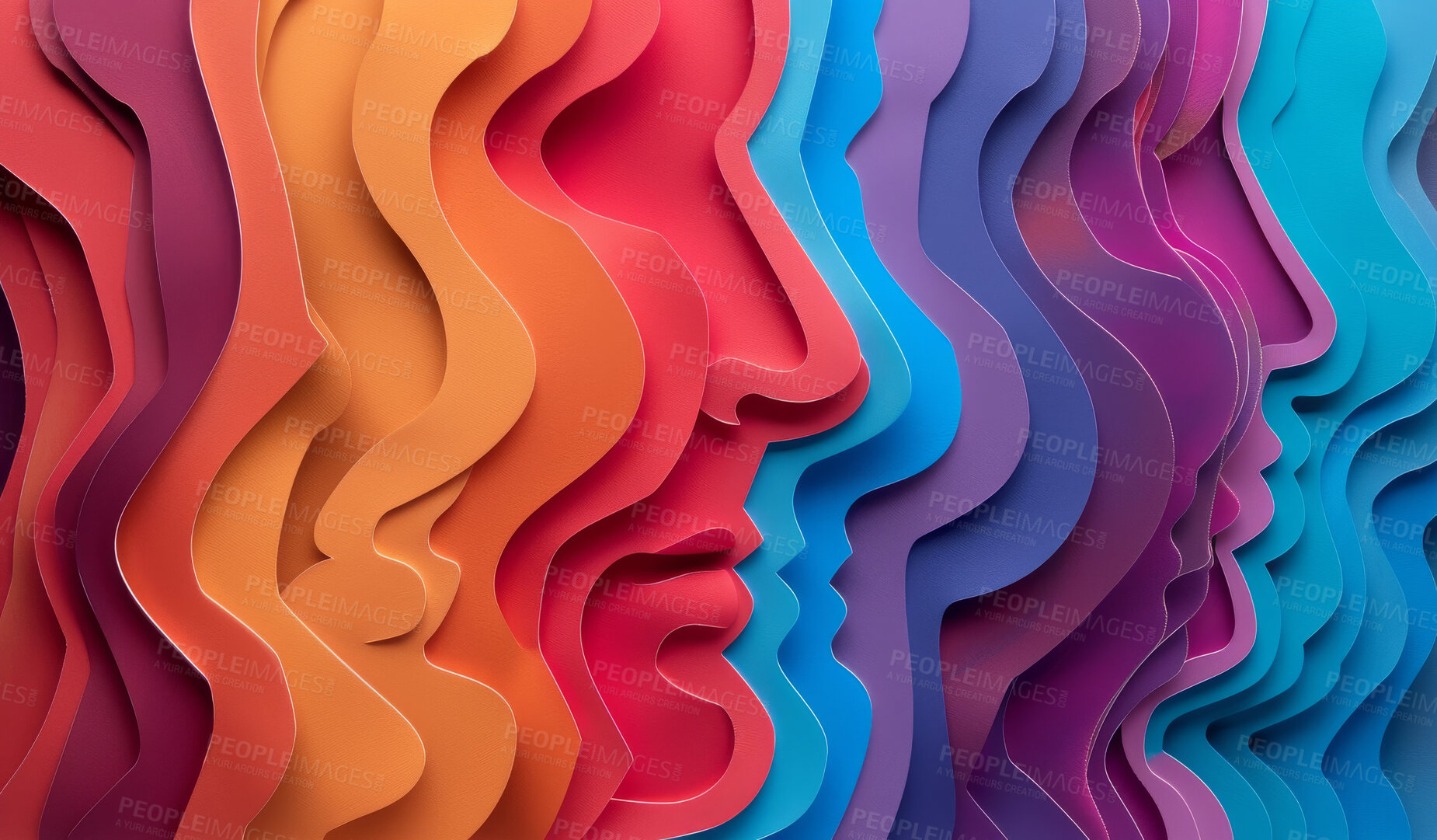 Buy stock photo Abstract, face shape or creative design in the style of paper for backdrop, wallpaper or graphic poster advertising with copyspace. Rainbow, layers and craft template for background, banner or mockup