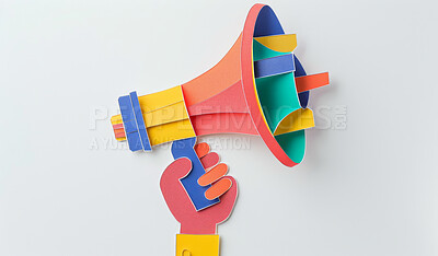 Buy stock photo Abstract, megaphone and creative design in the style of paper for backdrop, wallpaper or graphic poster advertising with copyspace. Rainbow, layers and craft template for background, protest or mockup