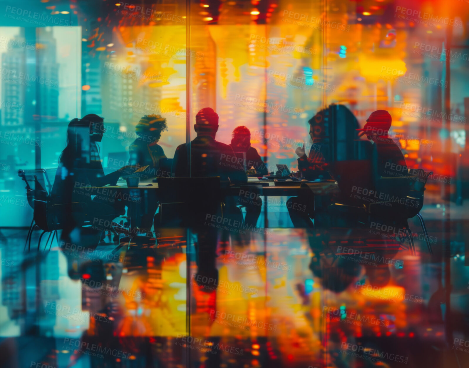 Buy stock photo Abstract, boardroom or background with double exposure effect for brainstorming, collaboration and business. Illustration, lights and sunset cityscape wallpaper for corporate, marketing or teamwork