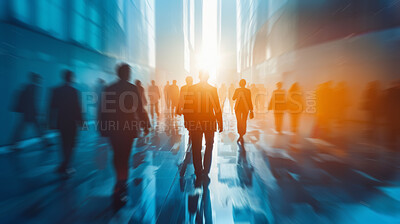 Abstract, walking and sunset with silhouette effect of workers walking, movement or business. Blurry, lights and modern office buildings. Wallpaper, background and corporate marketing for workforce