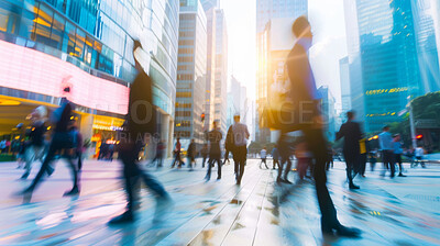 Abstract, walking and motion blur with silhouette effect of workers walking, trading or business. Blurry, lights and modern office buildings. Wallpaper, background and corporate marketing for workforce