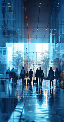 Abstract, crowds and building background with silhouette effect of workers walking, trading or business. Blurry, lights and modern office building. Wallpaper, corporate and marketing for big data
