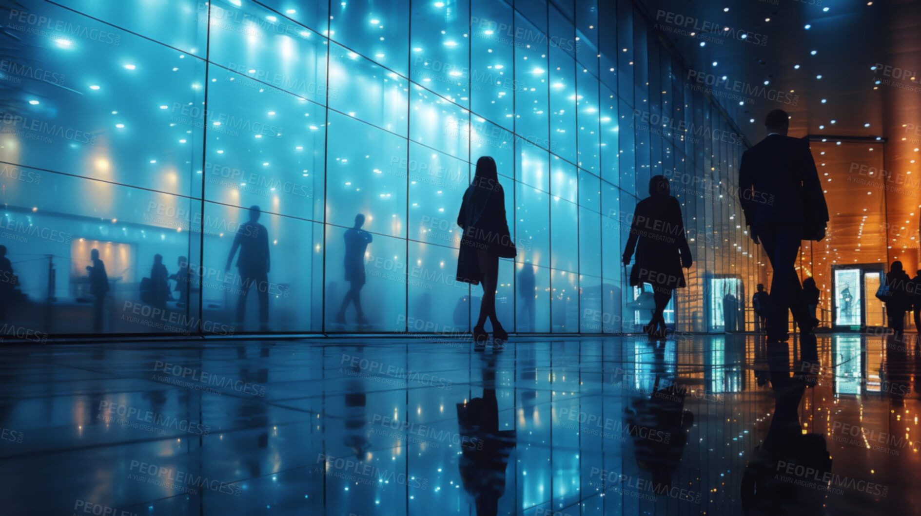 Buy stock photo Abstract, crowds and building background with silhouette effect of workers walking, trading or business. Blurry, lights and modern office building. Wallpaper, corporate and marketing for big data