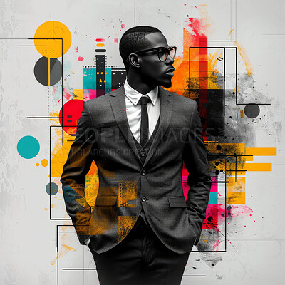 Black, business and man in graphic collage for investment, entrepreneur and corporate advert. Confident, African American and male professional standing outdoor for leadership, empowerment or success