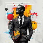 Black, business and man in graphic collage for investment, entrepreneur and corporate advert. Confident, African American and male professional standing outdoor for leadership, empowerment or success