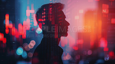 Business and silhouette of man thinking for corporate, communication or entrepreneur. Cityscape, sunset and abstract double exposure effect of a male head for marketing, internet or research